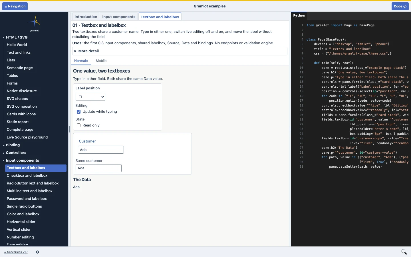 Python gallery with navigation, a textbox example and its source code.