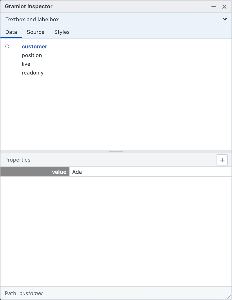 The real Gramlot inspector exposing Data, Source and Styles alongside the interface.